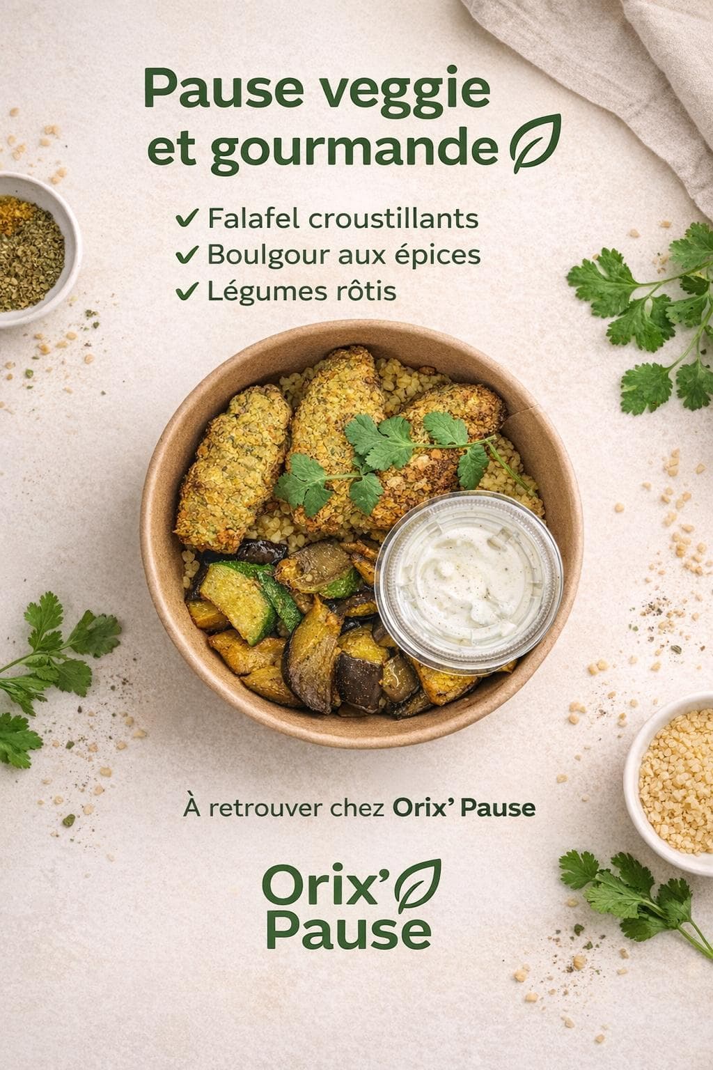 Pause veggie falafel, boulgour, légumes rôtis